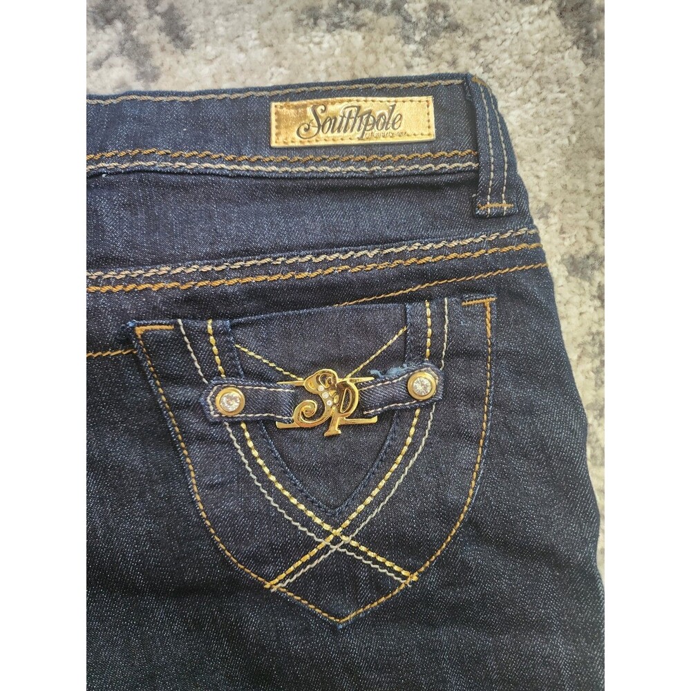 SOUTHPOLE Jean Shorts Womens Dark Blue Wash Hip Hop Y2K Embroidered Size 9 - Picture 9 of 9